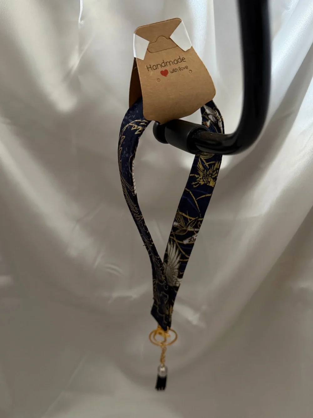 Handmade Blue and Gold Bird Pattern Wristlet Keychain with Black Tassel